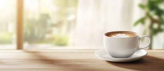 Fototapeta premium White coffee cup with latte art on a wooden table bathed in soft sunlight with a blurred background and greenery creating a peaceful ambiance