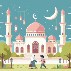 vector illustration of child and mother mosque background