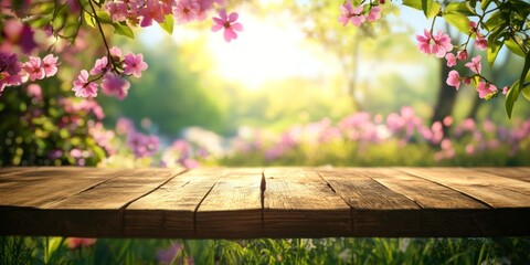 Wooden Tabletop with Pink Blossom Flowers and Sunlight in Spring