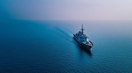 Naklejka premium Naval ship cruising throughserene blue ocean underclear sky, showcasingmaritime strength andtranquility, central focus withslight background blur.