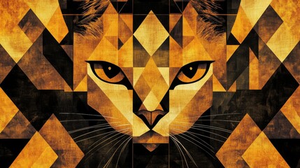 A stunning golden geometric cat illustration with abstract triangular patterns. The bold color palette and intricate design make this image perfect for artistic and modern projects focused on animals