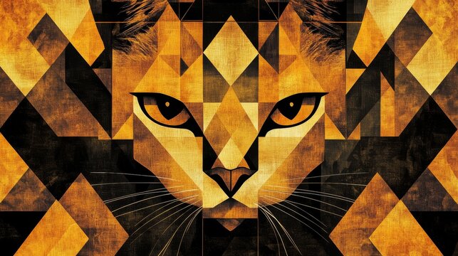 A stunning golden geometric cat illustration with abstract triangular patterns. The bold color palette and intricate design make this image perfect for artistic and modern projects focused on animals
