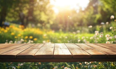 Fototapeta premium Wooden Table with Spring Meadow and Sunlight for Product Mockups