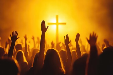 Fototapeta premium Hands lifted in worship, with Christian believers standing reverently in front of the cross