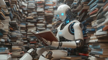 Fototapeta premium A humanoid robot reads a book while sitting among piles of books in a high-tech digital library. The scene evokes a mix of futuristic technology and traditional learning, highlighting the robot's role