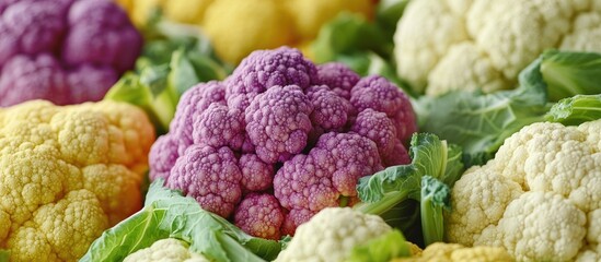 Vibrant multicolored cauliflower clusters in shades of purple, yellow, and white surrounded by fresh green leaves in a farm setting