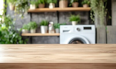 Empty Wood Table in Laundry Room with Washing Machine and Plants