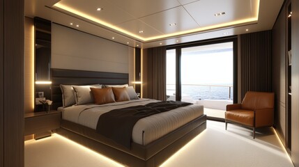 Fototapeta premium A lavish contemporary bedroom featuring soft ambient lighting and stylish furniture in a generous space