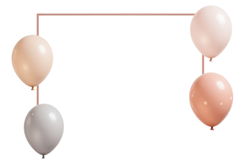 Four balloons in soft pastel colors floating around a transparent rectangular frame