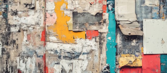 Naklejka premium Tattered street poster backdrop with chaotic layers in vibrant yellow, red, teal and white creating an abstract collage on weathered surfaces