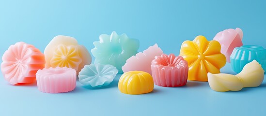 Colorful jelly shapes arranged on a blue background featuring pastel pink, yellow, and turquoise items with floral and abstract designs.