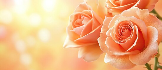 Delicate peach roses with soft petals arranged elegantly against a warm orange bokeh background creating a serene and romantic atmosphere