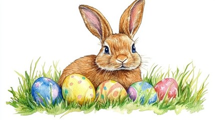 Fototapeta premium Lovely bunny in a meadow decorated with colorful Easter eggs and blooming wildflowers