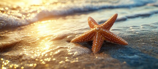 Close up of a starfish on a sandy shore with gentle waves, warm golden sunlight reflecting on the water, ideal for adding text or messages.