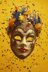 Lively carnival mask celebrating festivities with confetti, face paint and joyful atmosphere.