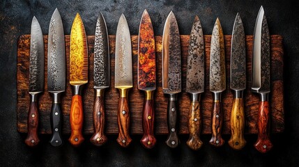 Variety of Knives on Cutting Board, Dark Background