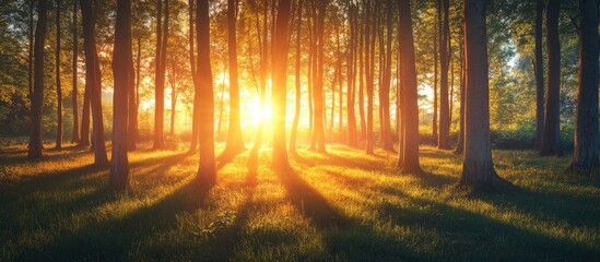 Fototapeta premium Golden sunset filters through tall trees casting long shadows on a grassy forest floor creating a peaceful summer ambiance for designs.