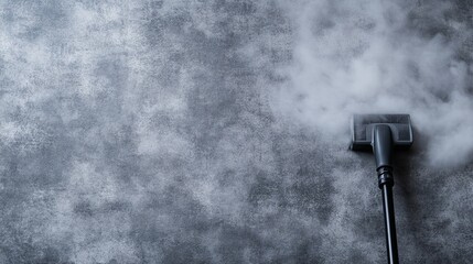 A top-down view of a steam vacuum cleaner in action, cleaning a textured carpet. The misty, industrial background enhances the focus on cleanliness and the efficiency of modern cleaning tools.. AI