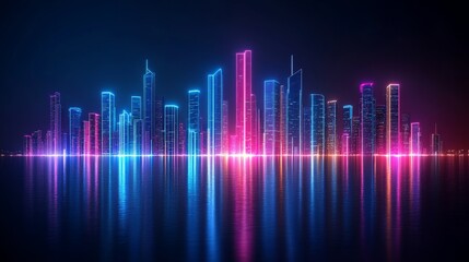 Fototapeta premium A night-time cityscape illuminated by neon lights, featuring a reflective water surface and a starry sky