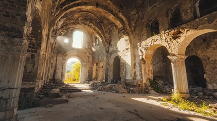 Obraz premium Abandoned Interior of a Ruined Building with Caved Rooftops