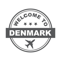 Welcome to Denmark word with airplane - icon, round rubber, seal, stamp.