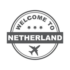 Welcome to Netherland word with airplane, - icon, round rubber, seal, stamp.