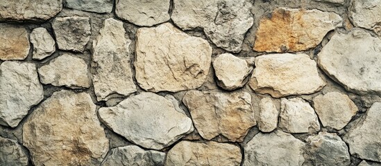 Obraz premium Textured vintage stone wall featuring uneven, cracked surfaces in beige and gray tones, providing an aged appearance with ample copyspace.