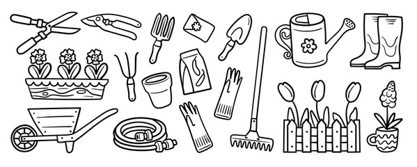 Line art collection of gardening tools and elements including pruning shears, trowel, watering can, and flower pots. Perfect for gardening guides, spring season promotions, and hobby illustrations.