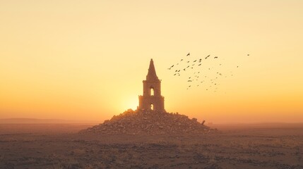 Fototapeta premium Lonely Spire Surrounded by Rubble at Sunset in Desolate Landscape