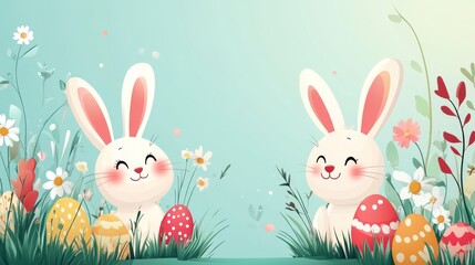 Obraz premium A delightful bunny and a collection of colorful Easter eggs resting in the grass under an azure sky