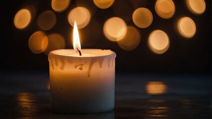 A burning white candle with a golden bokeh background. The candle has drops of melted wax on the side, creating a warm and calming atmosphere.
