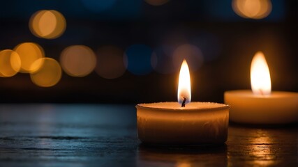 A burning white candle with a golden bokeh background. The candle has drops of melted wax on the side, creating a warm and calming atmosphere.
