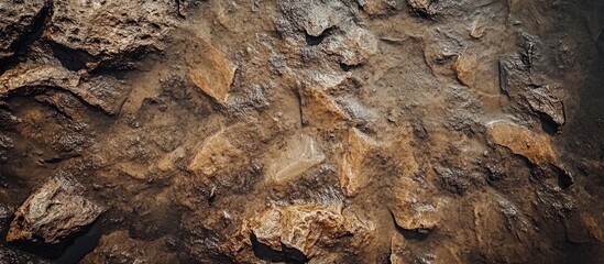 Textured brown and gray dolomite rocks on a riverbank surface with rough, uneven surfaces and slight water reflections in dim light.