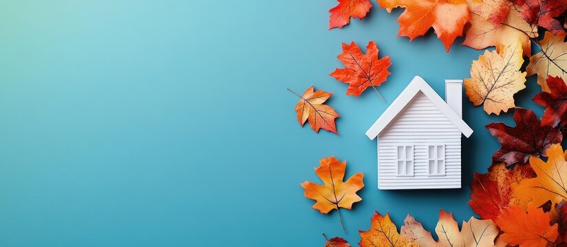 White toy house surrounded by vibrant orange and yellow autumn leaves on a solid blue background creating a cozy Thanksgiving atmosphere