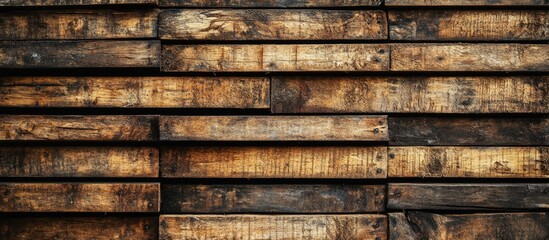 Textured arrangement of dark brown wooden planks stacked horizontally with visible grain patterns and knots creating a rustic backdrop design.