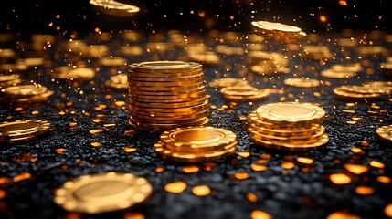 Golden Casino Chips Scattered on Black Surface