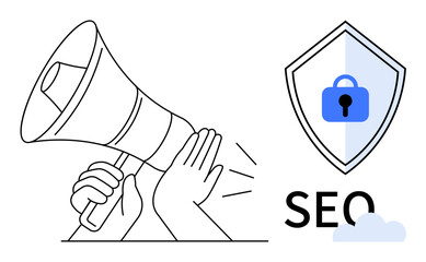 Hands holding megaphone, shield with lock representing cybersecurity. Ideal for SEO, digital marketing, data protection, online security, website optimization, cybersecurity strategies, internet