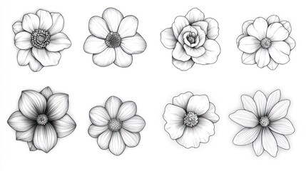 Eight monochrome flower sketches; design resource