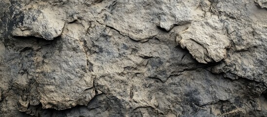 Fototapeta premium Textured gray and brown dolomite rock surface with rough edges and layers creating a natural riverbank appearance in a horizontal layout