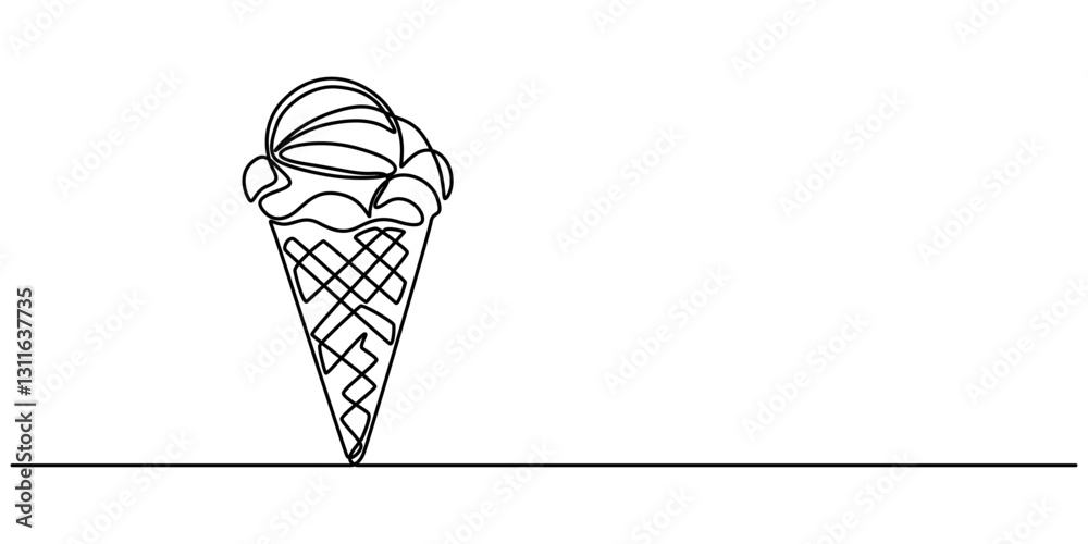 Aufkleber ice cream scoop on waffle cone continuous one line drawing, Ice cream on a stick and in a waffle cone in one continuous pattern. vector illustration,  Black line sketch on white background. Vector pro