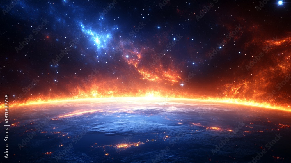 Wall mural an ethereal astronomical setting with a planet adorned by rings and clouds suspended in space
