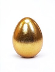 A gold egg with a shiny surface. The egg is sitting on a white background. The egg is the main focus of the image