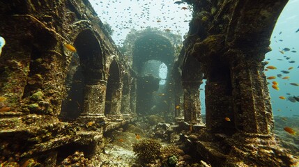 Naklejka premium Sunken Shrine Covered in Colorful Coral and Vibrant Marine Life