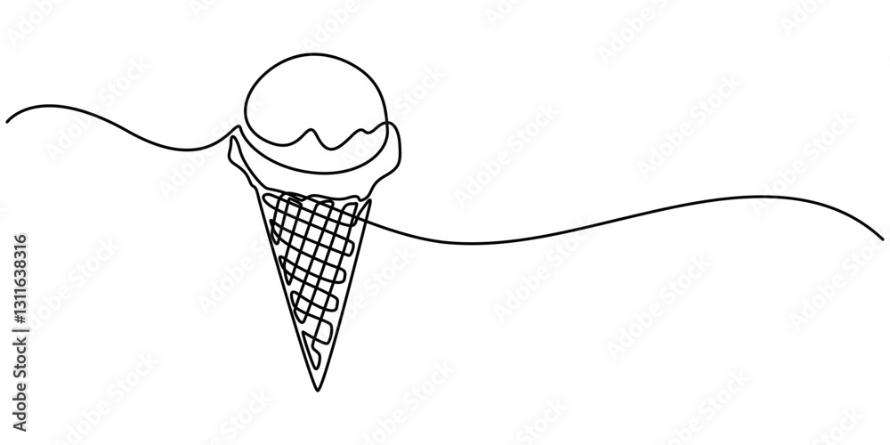 Aufkleber ice cream scoop on waffle cone continuous one line drawing, Ice cream on a stick and in a waffle cone in one continuous pattern. vector illustration,  Black line sketch on white background. Vector pro