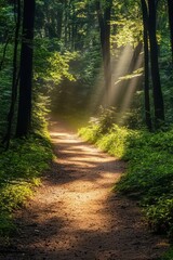 Obraz premium Dirt path winding through a sunlit forest, inviting exploration and adventure amidst nature's beauty.