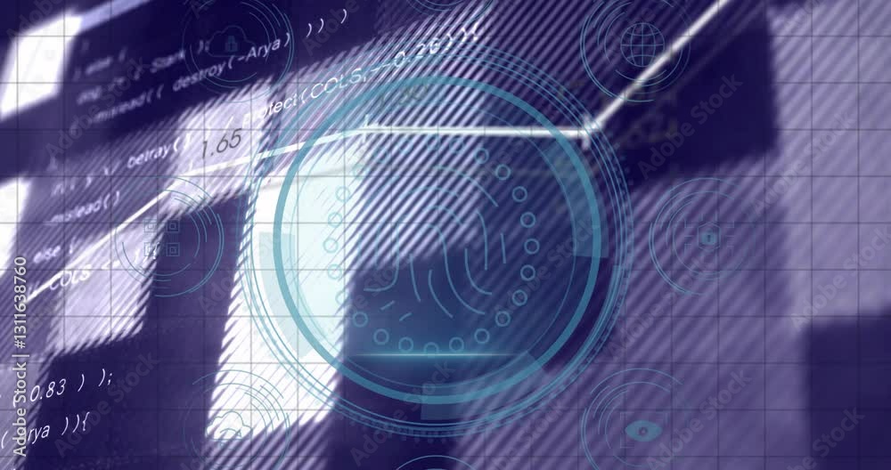 Poster futuristic fingerprint scanning animation over digital interface with data and icons