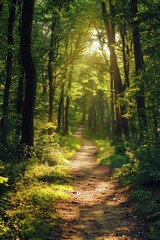 Obraz premium Dirt path winding through a sunlit forest, inviting exploration and adventure amidst nature's beauty.