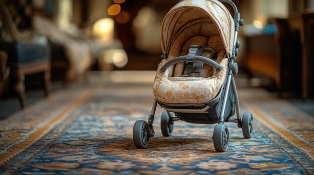 Vintage stroller on ornate carpet in grand hall