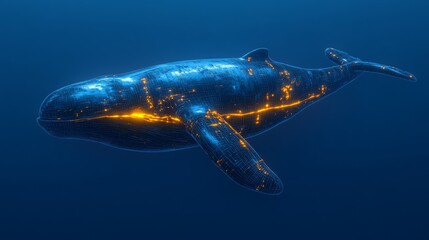 Obraz premium In the mysterious ocean depths, a mechanical whale with glowing lights moves gracefully, embodying a futuristic design