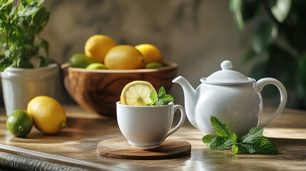 Tea with lemon and mint in beautiful cup and teapot on kitchen table. Cozy breakfast at home.